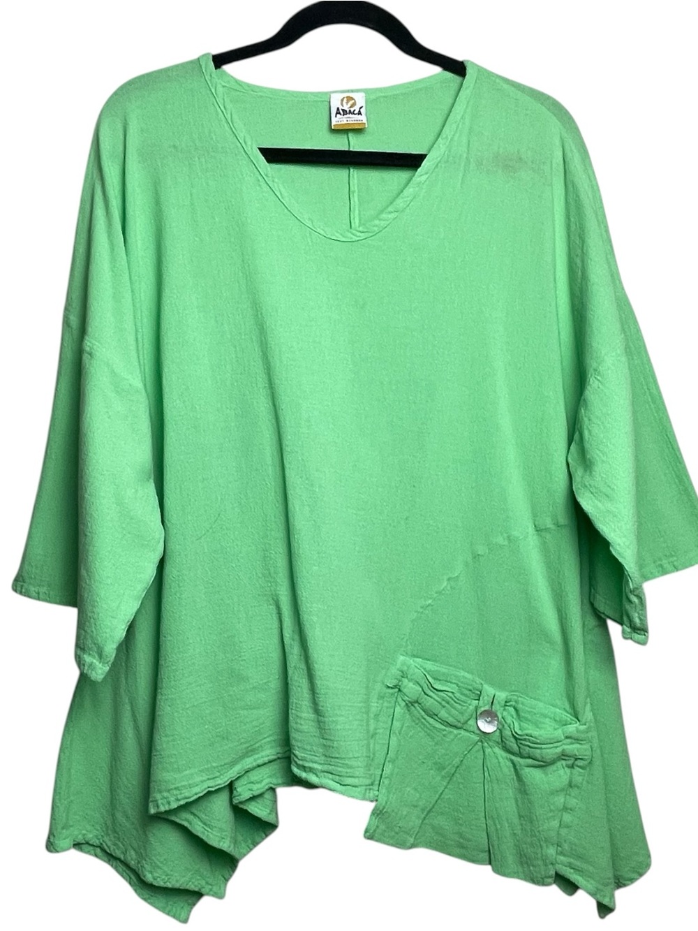 Abaca' Green Lagenlook Oversized Gauzy 3/4 Sleeve V Neckline Top w/ Pocket Sz L